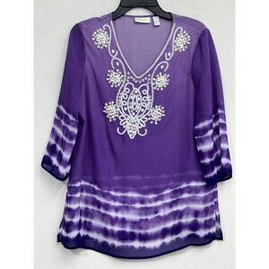 Chico’s Blouse Size 1 Medium Purple Tie Dye Pearl Beaded Embellished V Neck